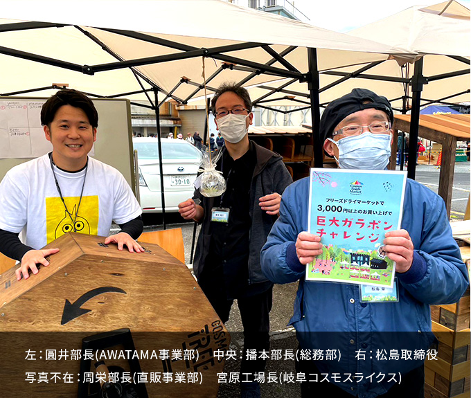 左:圓井部長(AWATAMA事業部) 中央:播本部長(総務部) 右:松島取締役 写真不在:周栄部長(直販事業部) 宮原生産本部長(コスモスライクス/岐阜)
