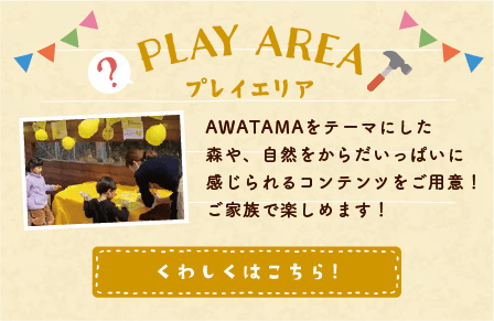 プレイエリア AWATAMAをテーマにした森や、自然をからだいっぱいに感じられるコンテンツをご用意!ご家族で楽しめます!